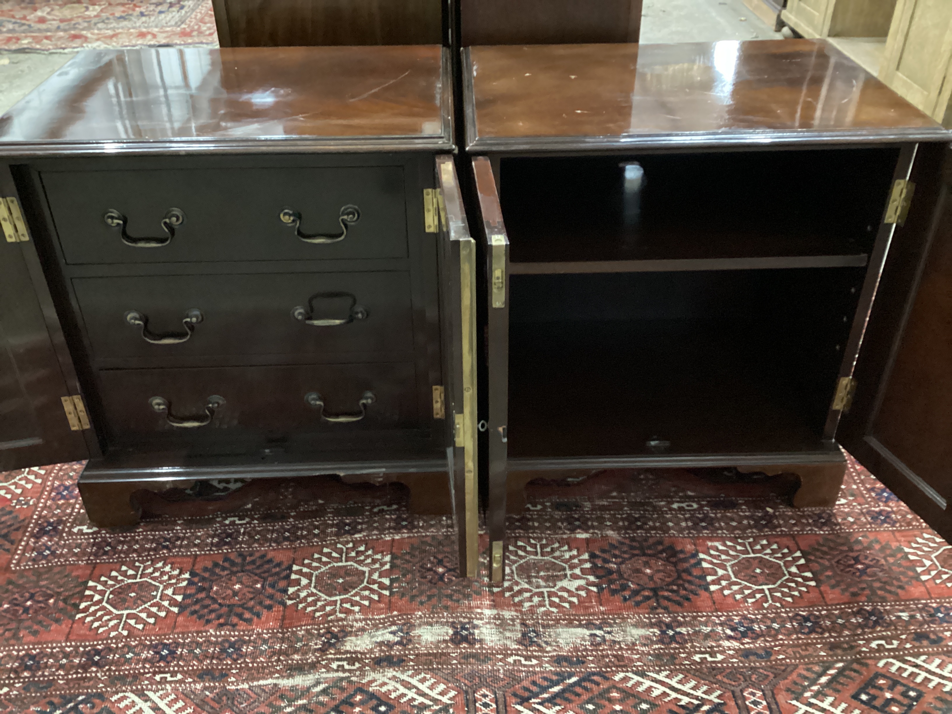 A pair of George III style mahogany side cabinets, width 61cm, depth 45cm, height 65cm